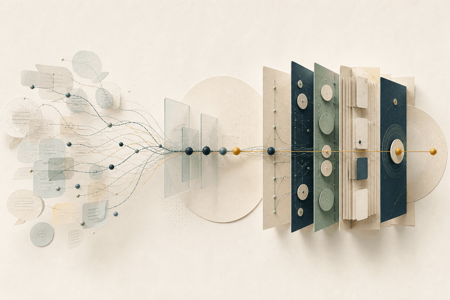 Abstract conversation paths converging into an organized archive of evidence and decisions